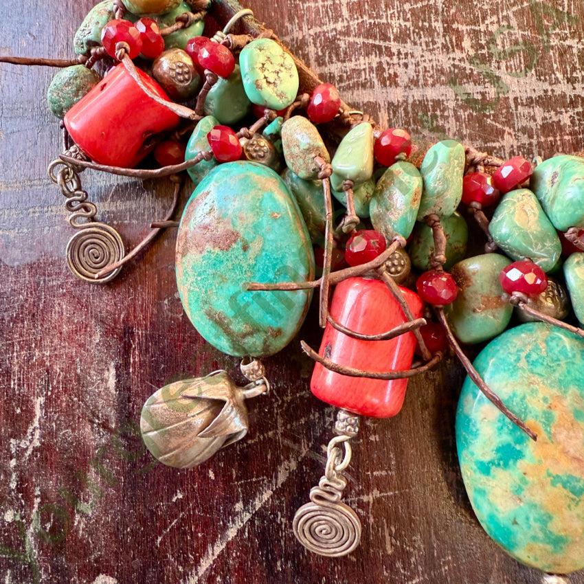 Leather Charm Necklace Sterling Silver Coral Turquoise necklace