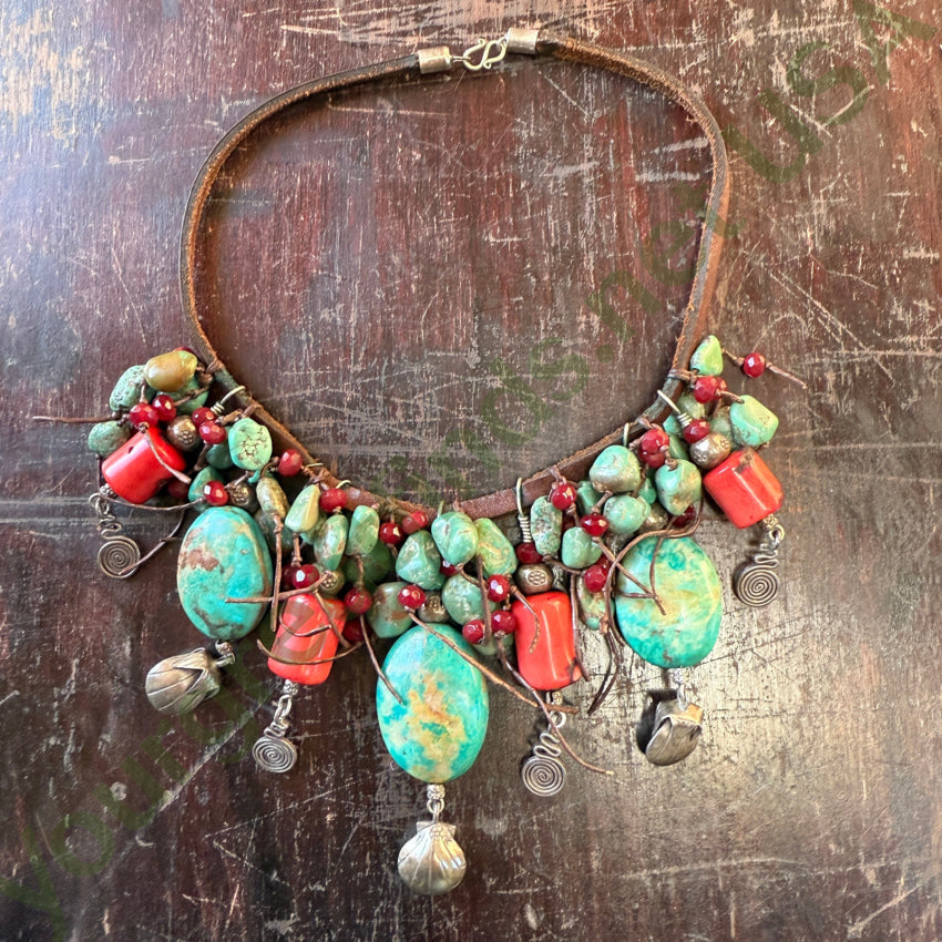 Leather Charm Necklace Sterling Silver Coral Turquoise necklace