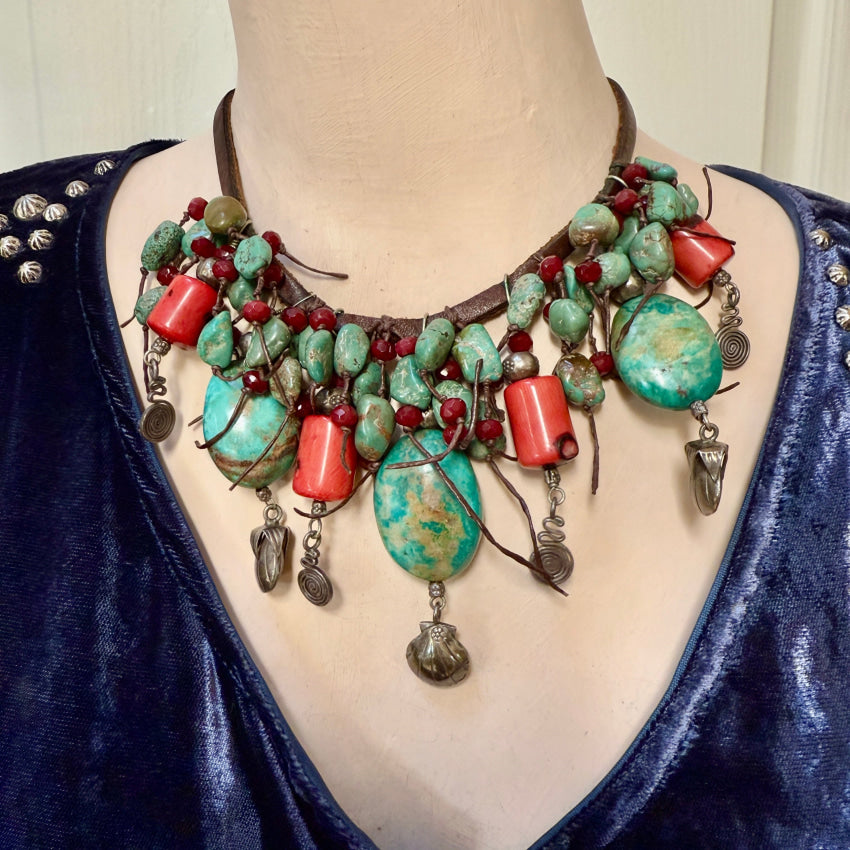 Leather Charm Necklace Sterling Silver Coral Turquoise necklace