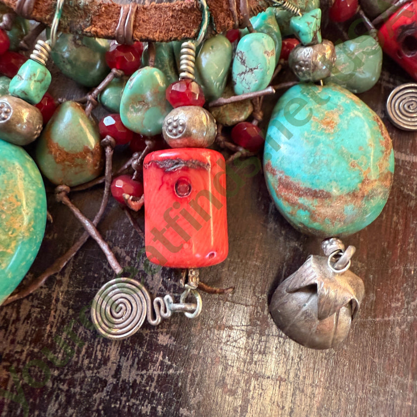 Leather Charm Necklace Sterling Silver Coral Turquoise necklace