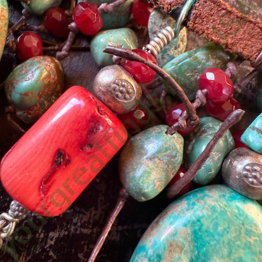 Leather Charm Necklace Sterling Silver Coral Turquoise necklace