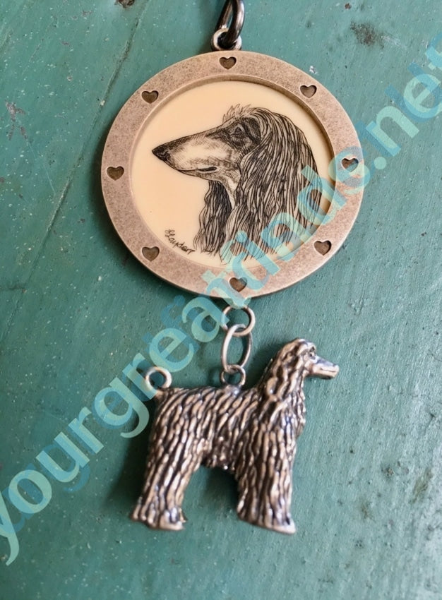Linda Layden Scrimshaw Afghan Hound Dog Keychain with Sterling Silver Charm Yourgreatfinds