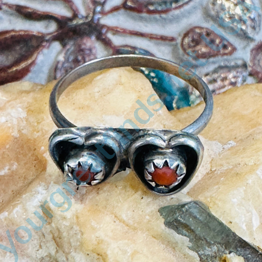 Little Navajo Double Heart Sterling Ring Red Coral Size 4.5