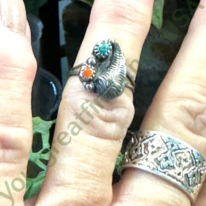 Little Navajo One Feather Ring Sterling Silver Turquoise Coral Size 6