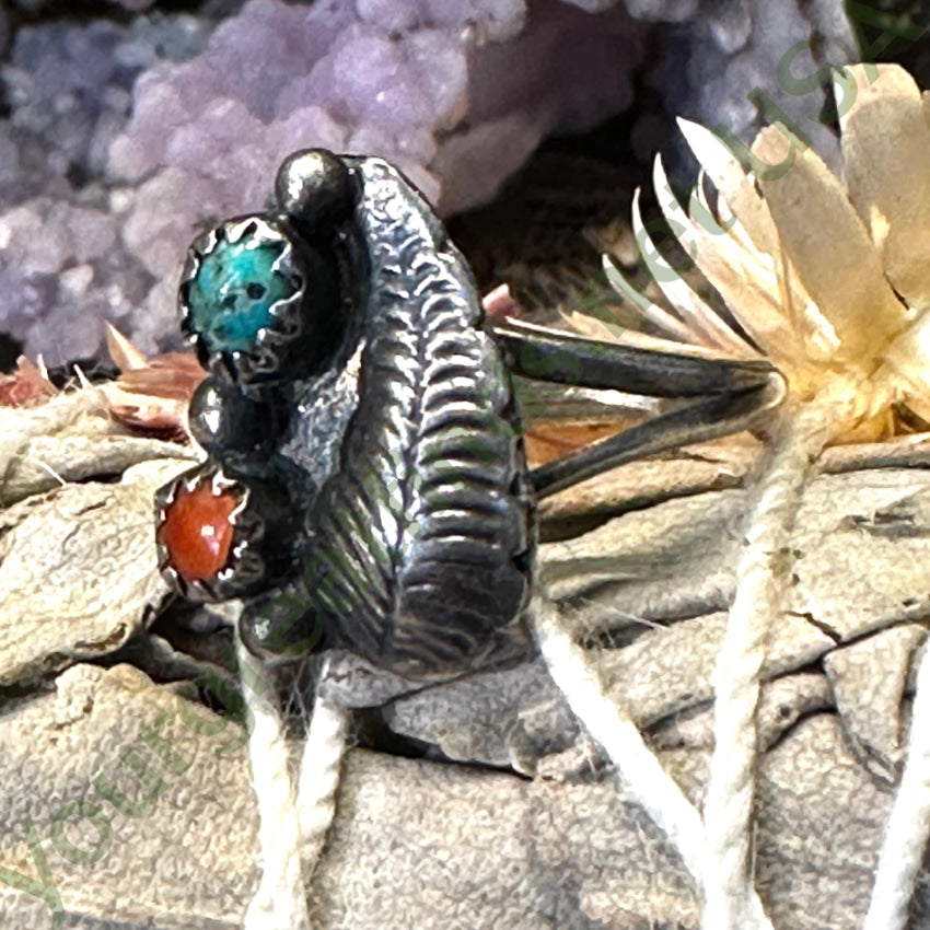 Little Navajo One Feather Ring Sterling Silver Turquoise Coral Size 6
