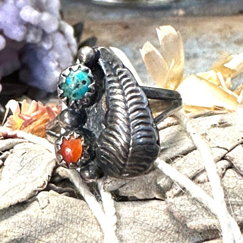 Little Navajo One Feather Ring Sterling Silver Turquoise Coral Size 6