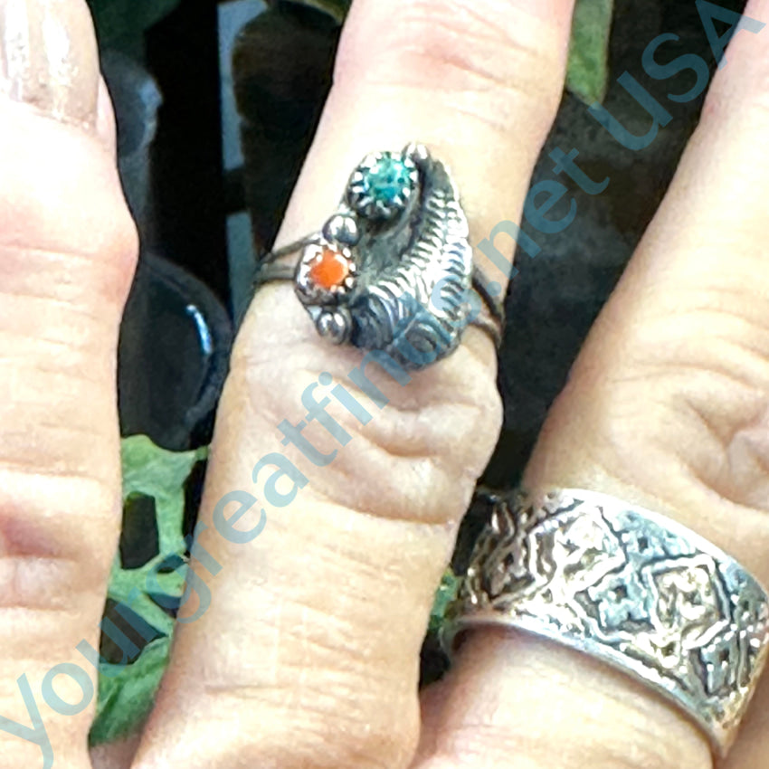 Little Navajo One Feather Ring Sterling Silver Turquoise Coral Size 6