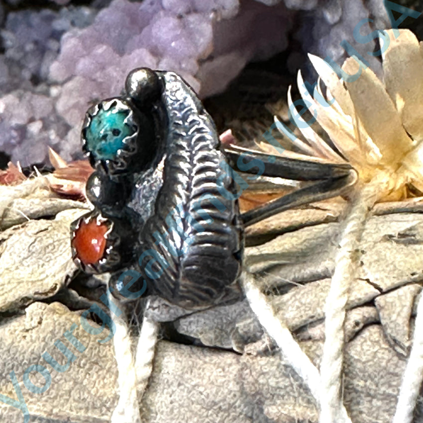 Little Navajo One Feather Ring Sterling Silver Turquoise Coral Size 6