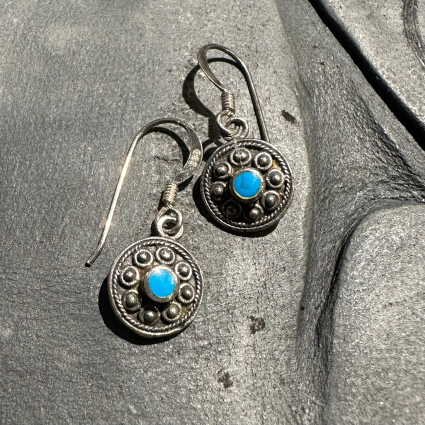 Little Sterling Silver Turquoise Medallion Pierced Earrings