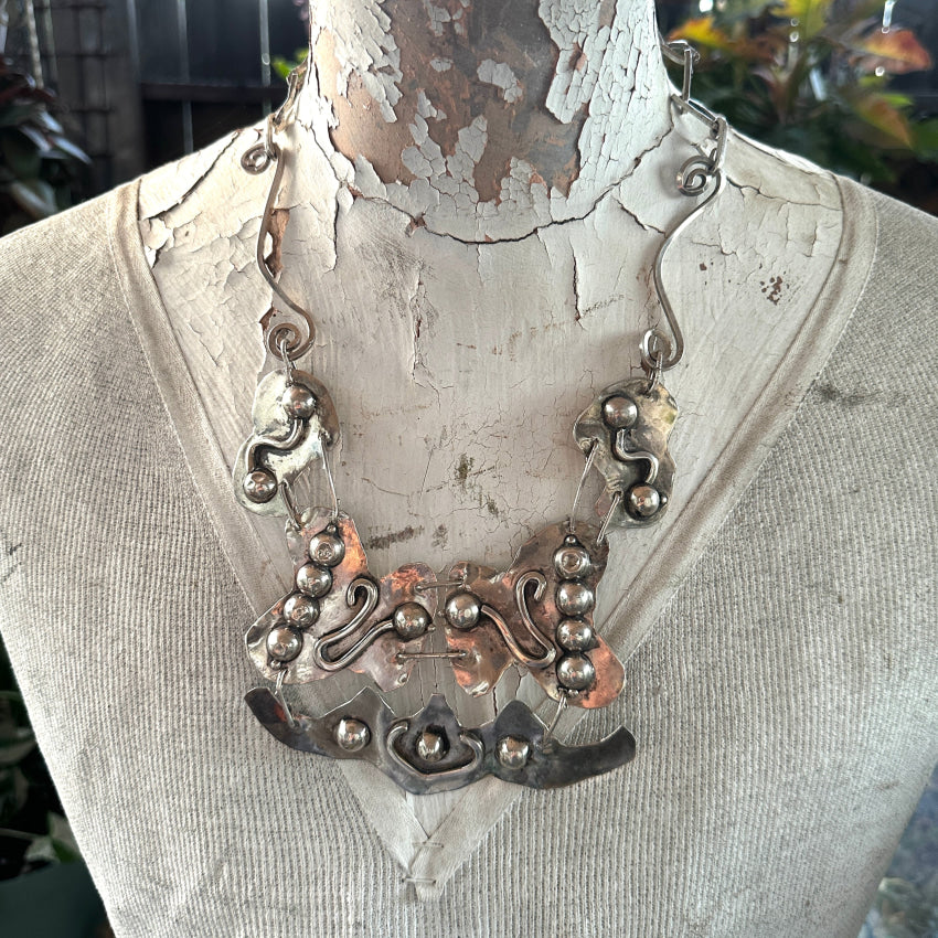 Massive Modernist Mid-Century Sterling Silver Bib Necklace Necklace