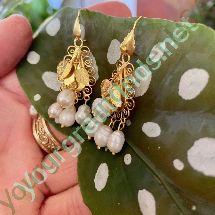 Mexican 10K Yellow Gold Earrings with White Freshwater Pearls Yourgreatfinds