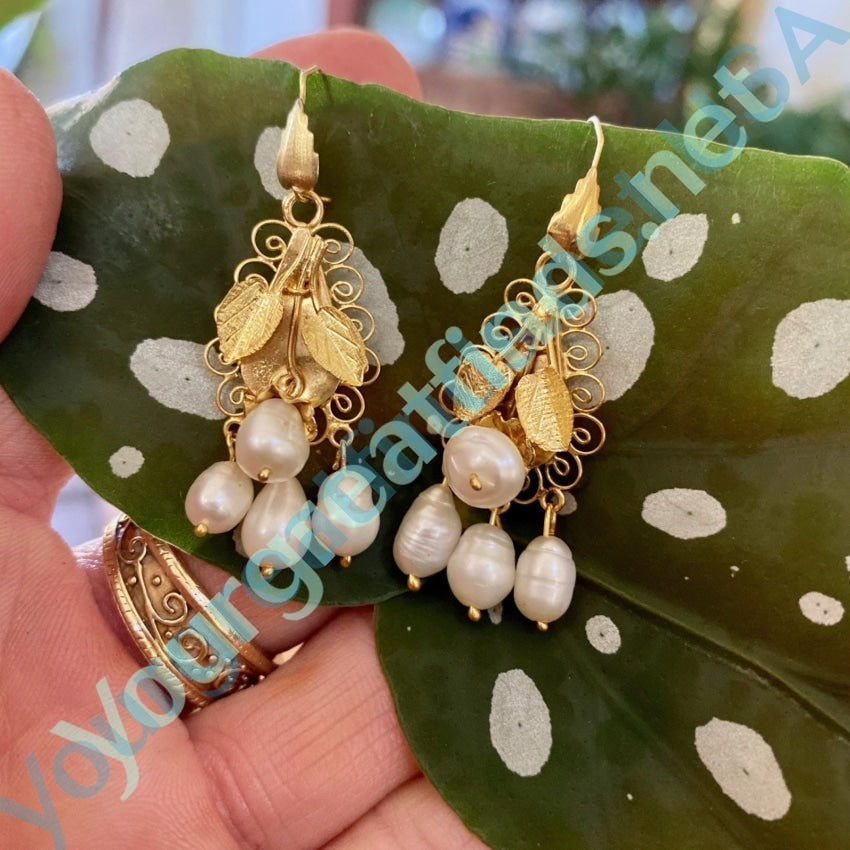 Mexican 10K Yellow Gold Earrings with White Freshwater Pearls Yourgreatfinds