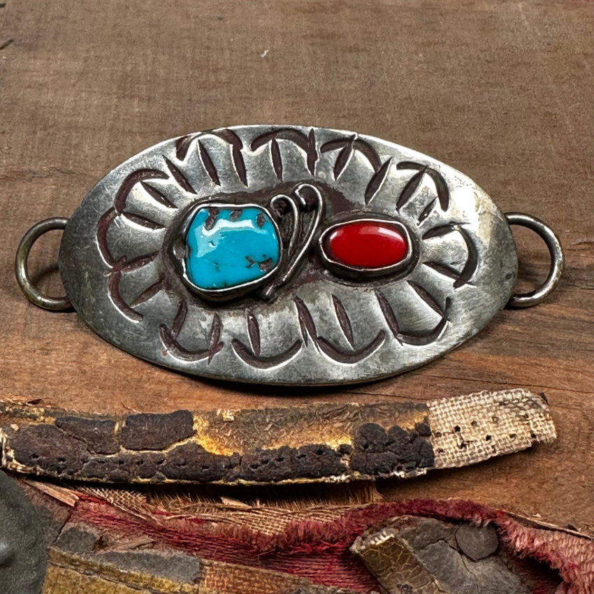 Mexican Alpaca Silver Turquoise & Red Stone Hair Ornament Plaque