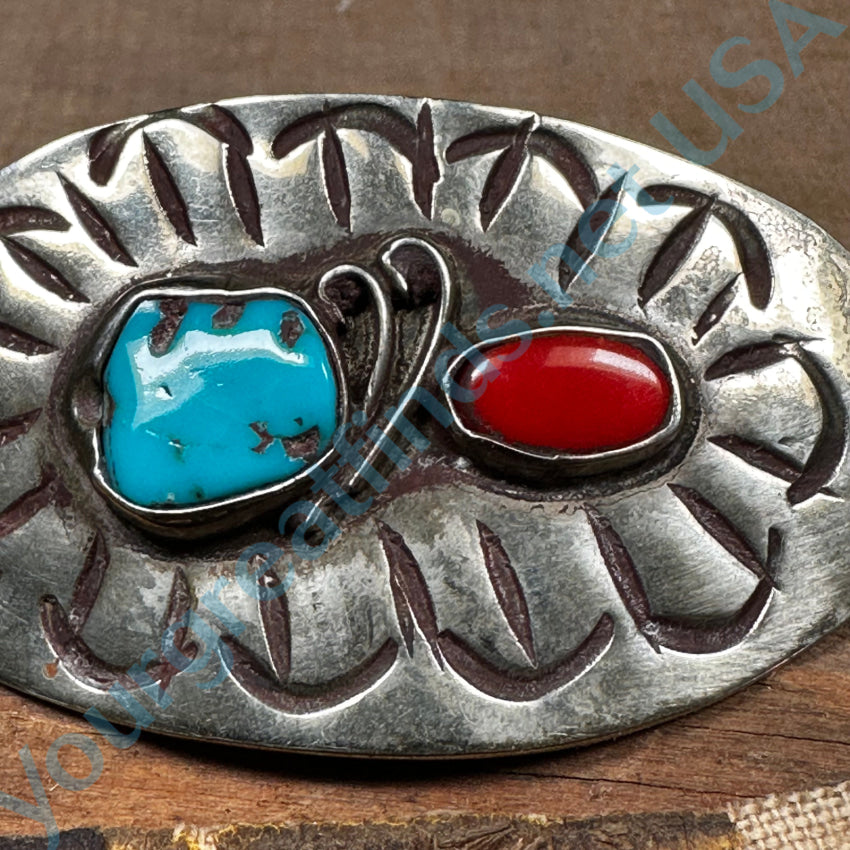 Mexican Alpaca Silver Turquoise & Red Stone Hair Ornament Plaque