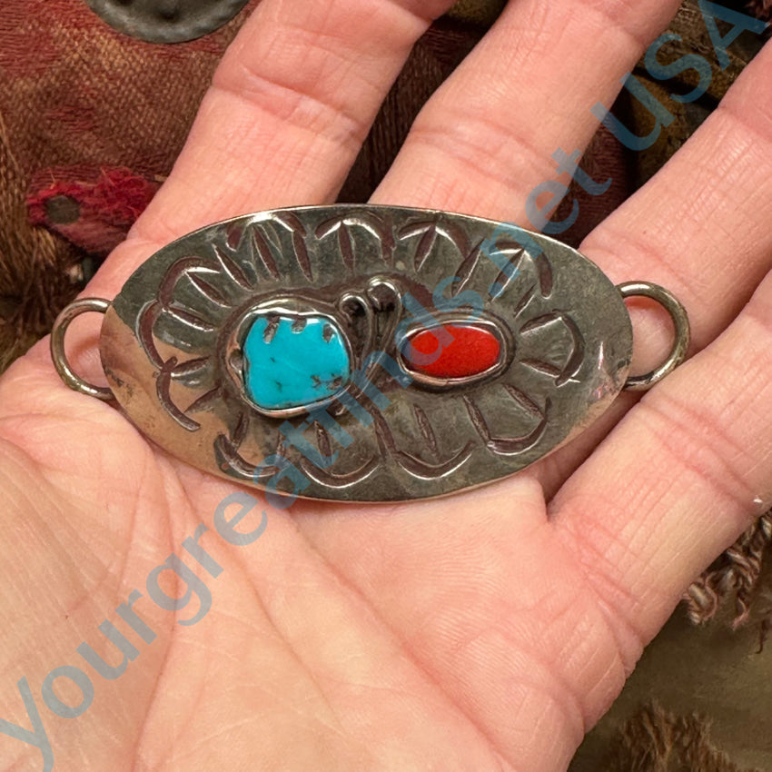 Mexican Alpaca Silver Turquoise & Red Stone Hair Ornament Plaque