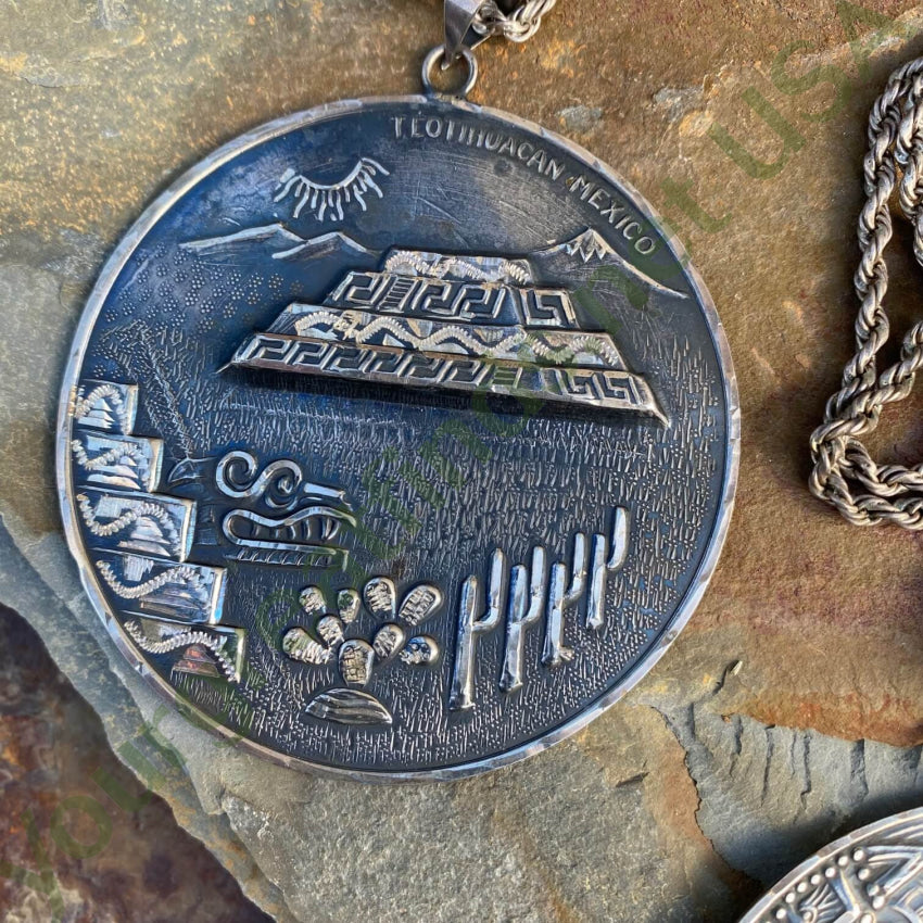 Mexican Aztec Calendar Double Sided Huge Medallion Necklace