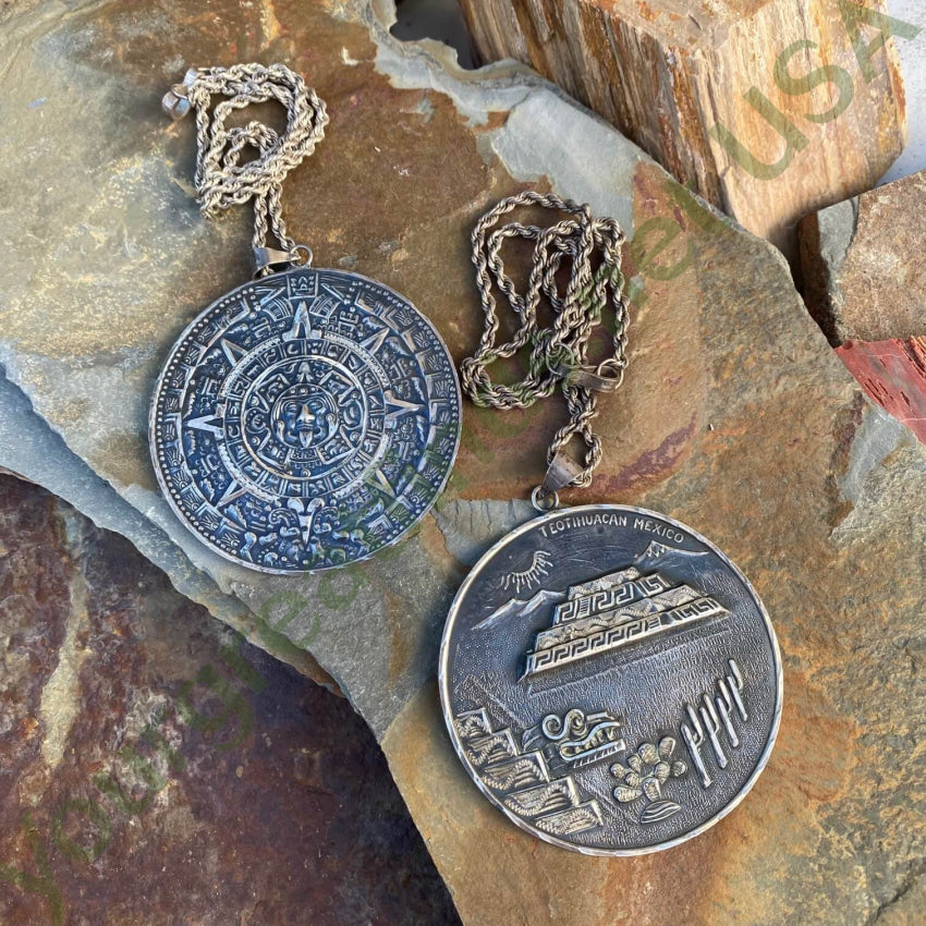 Mexican Aztec Calendar Double Sided Huge Medallion Necklace