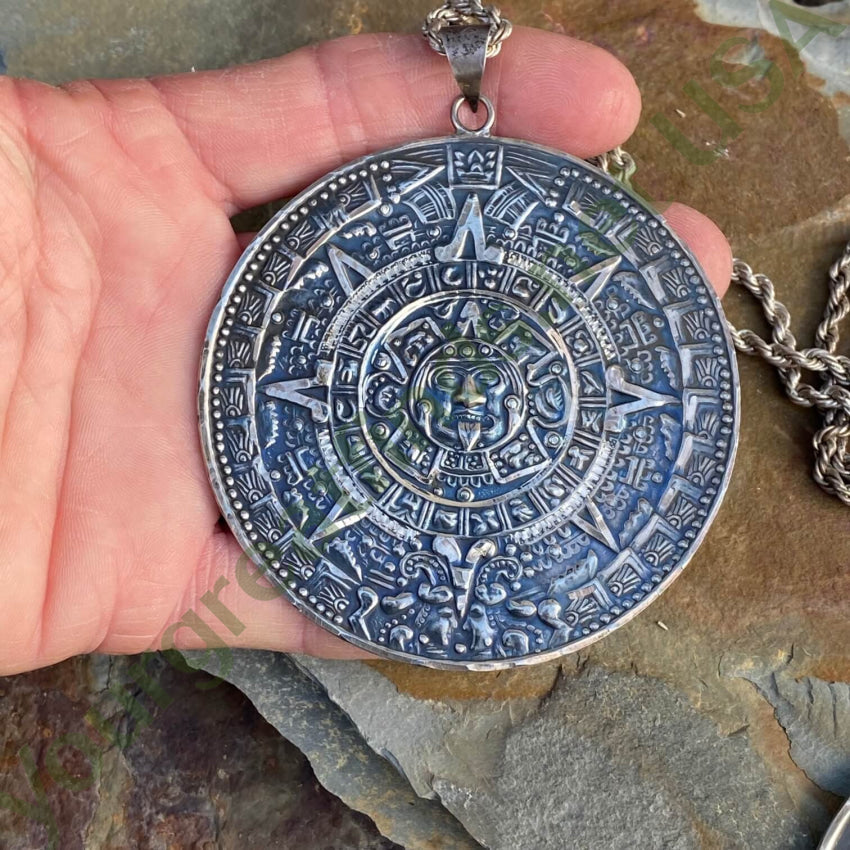 Mexican Aztec Calendar Double Sided Huge Medallion Necklace