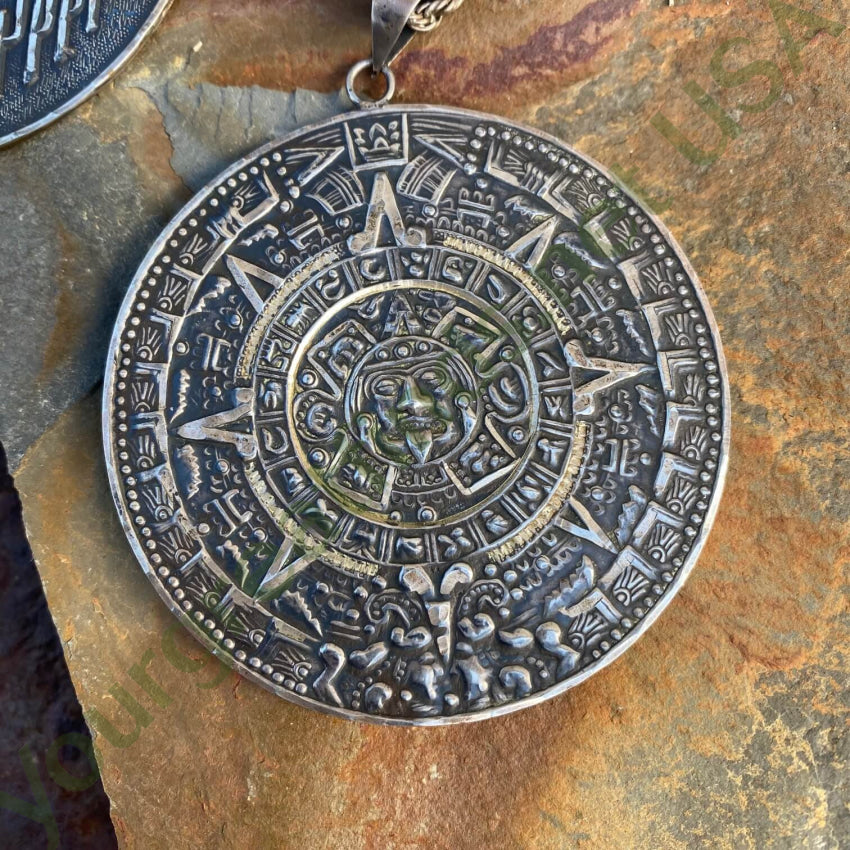 Mexican Aztec Calendar Double Sided Huge Medallion Necklace
