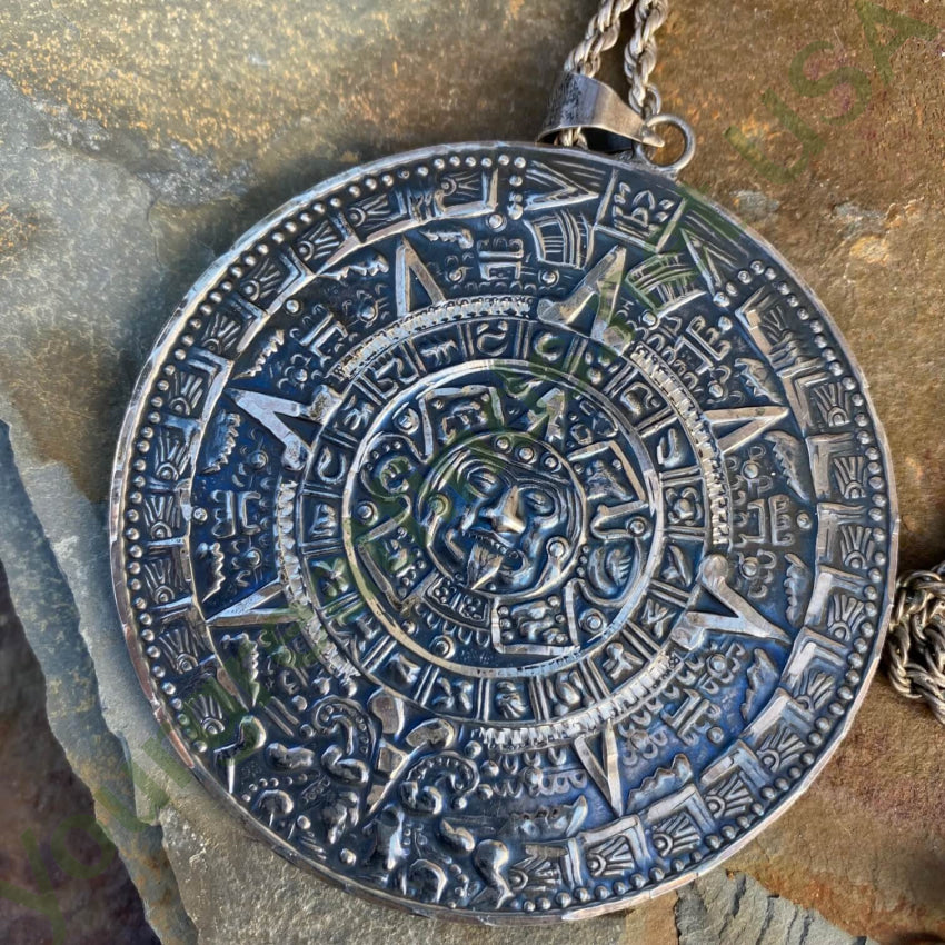 Mexican Aztec Calendar Double Sided Huge Medallion Necklace