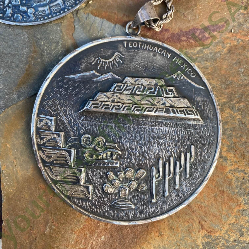 Mexican Aztec Calendar Double Sided Huge Medallion Necklace