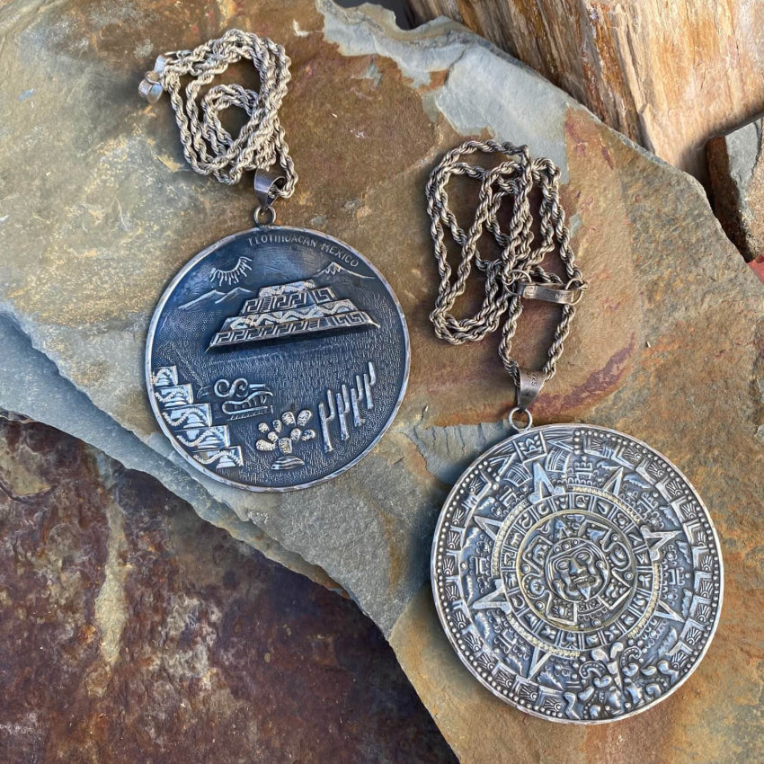 Mexican Aztec Calendar Double Sided Huge Medallion Necklace