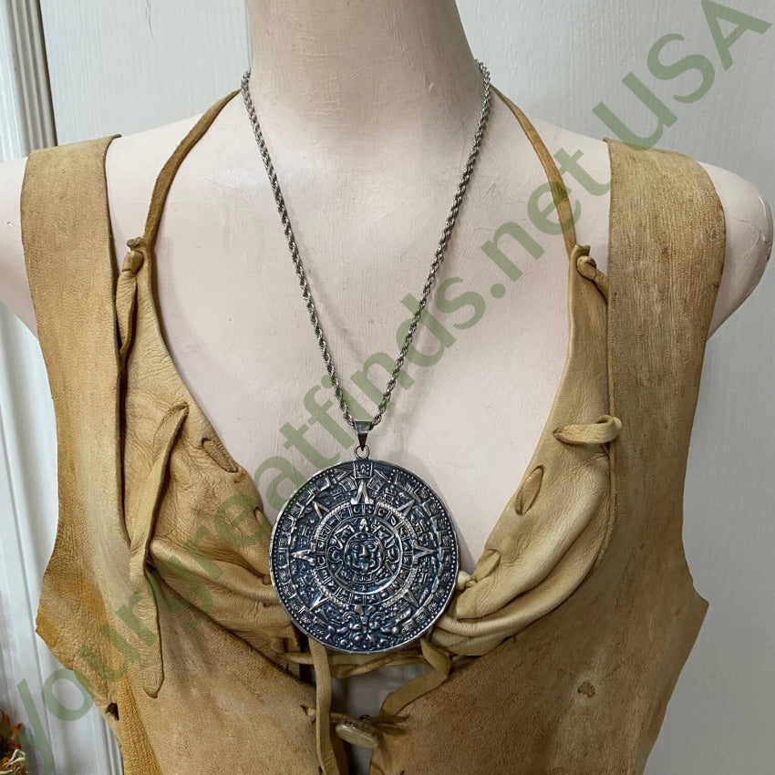 Mexican Aztec Calendar Double Sided Huge Medallion Necklace