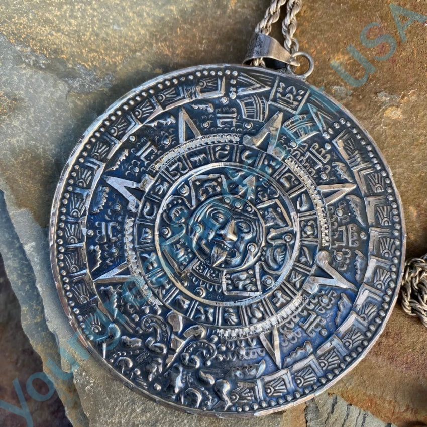 Mexican Aztec Calendar Double Sided Huge Medallion Necklace