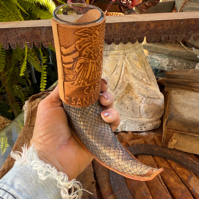 Mexican Guarachero Boot Tooled Leather Shot Glass Cabo leather shot glass