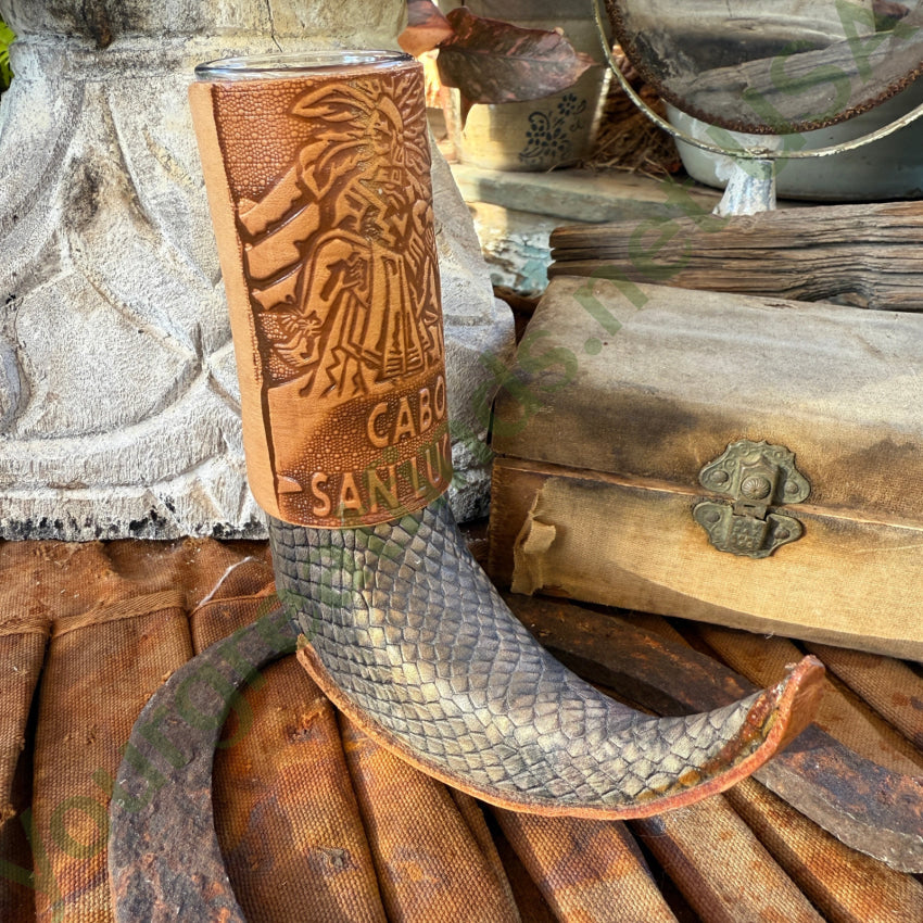 Mexican Guarachero Boot Tooled Leather Shot Glass Cabo leather shot glass