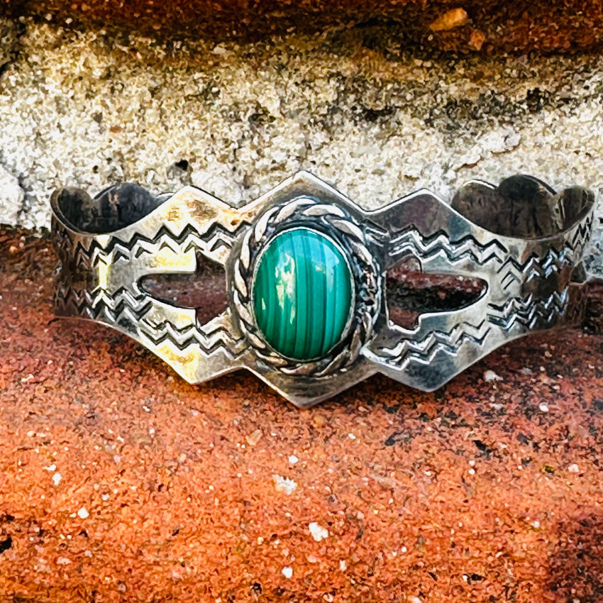 Mexican Southwestern Tourist Bracelet Sterling Silver Malachite Bracelet