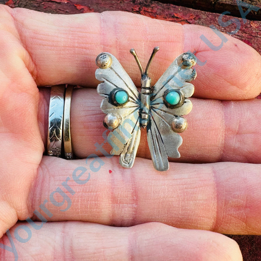 Mexican Sterling Silver & Turquoise Butterfly Pin / Brooch Pin