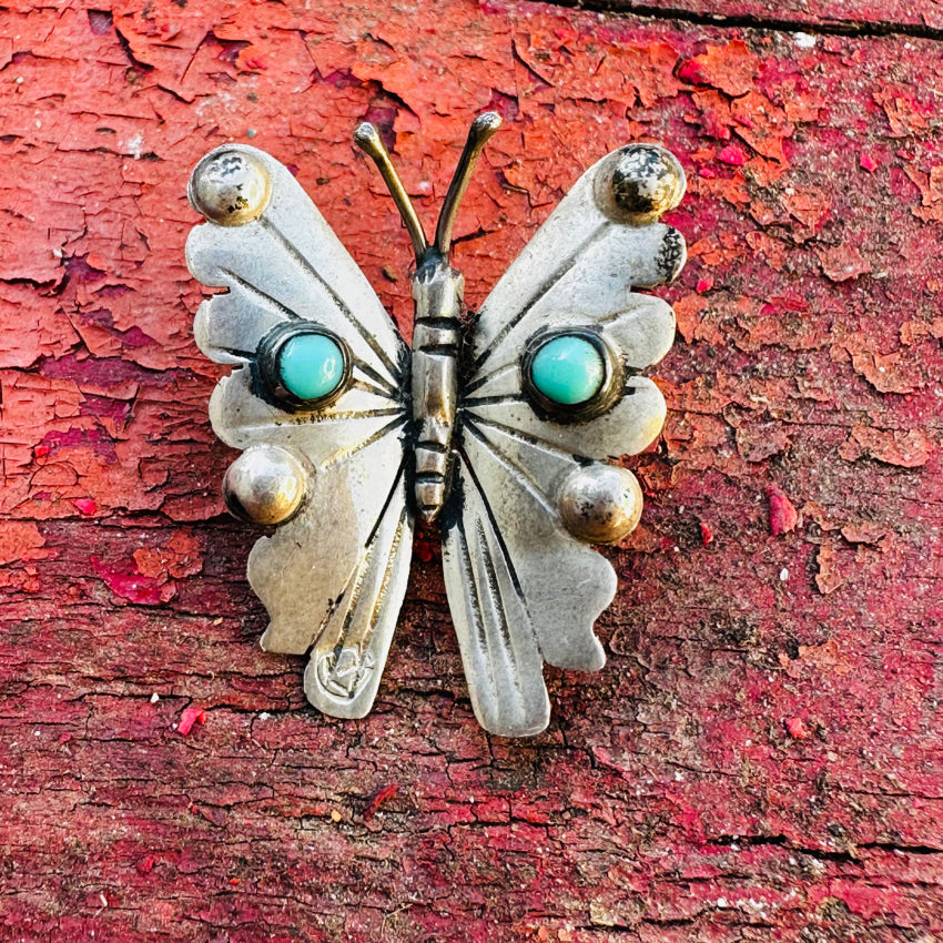 Mexican Sterling Silver & Turquoise Butterfly Pin / Brooch Pin