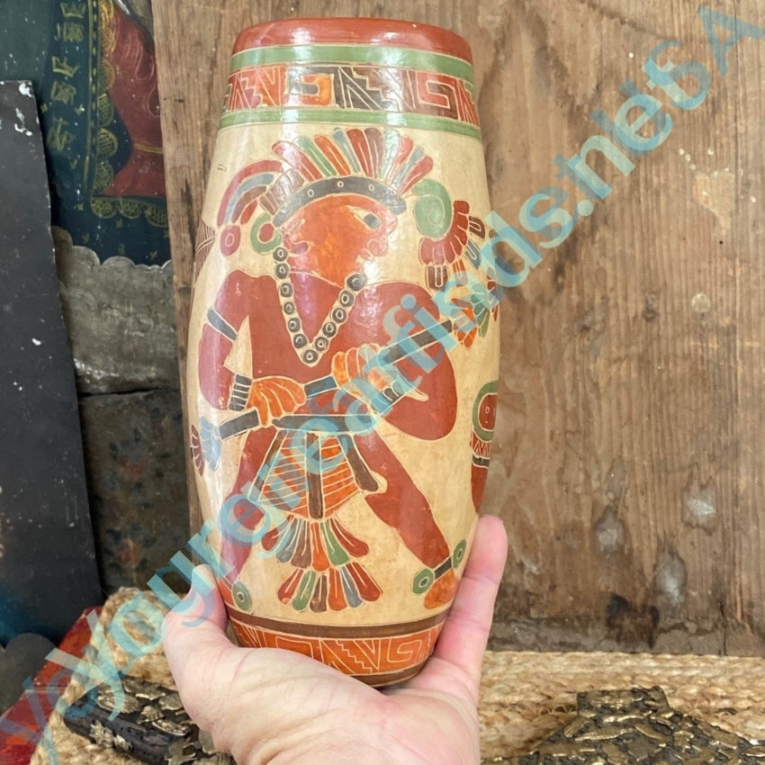 Mexican Warrior Terra Cotta Glazed Vase Vintage Hand Painted Yourgreatfinds