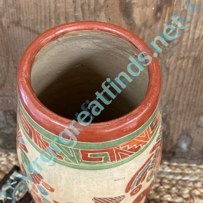 Mexican Warrior Terra Cotta Glazed Vase Vintage Hand Painted Yourgreatfinds