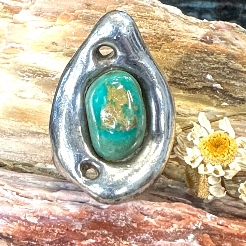 Mid-Century Lost Wax Sterling Silver Brutalist Turquoise Ring Sz 5