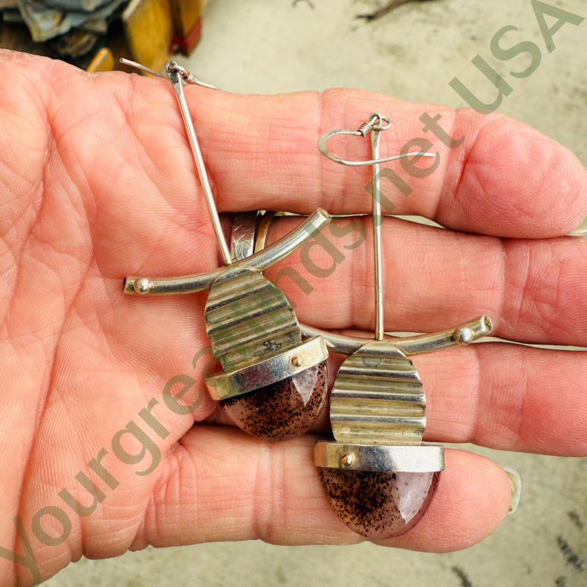 Mid-Century Modern Sterling Silver & Dendritic Agate Pierced Earrings earrings