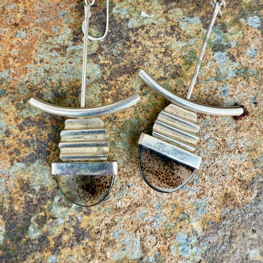 Mid-Century Modern Sterling Silver & Dendritic Agate Pierced Earrings earrings
