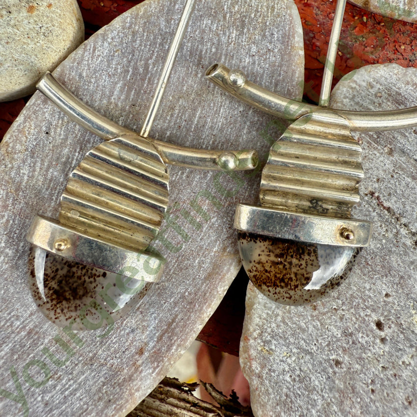 Mid-Century Modern Sterling Silver & Dendritic Agate Pierced Earrings earrings