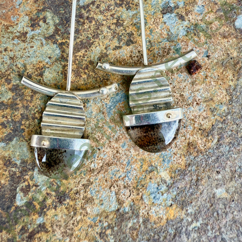 Mid-Century Modern Sterling Silver & Dendritic Agate Pierced Earrings earrings
