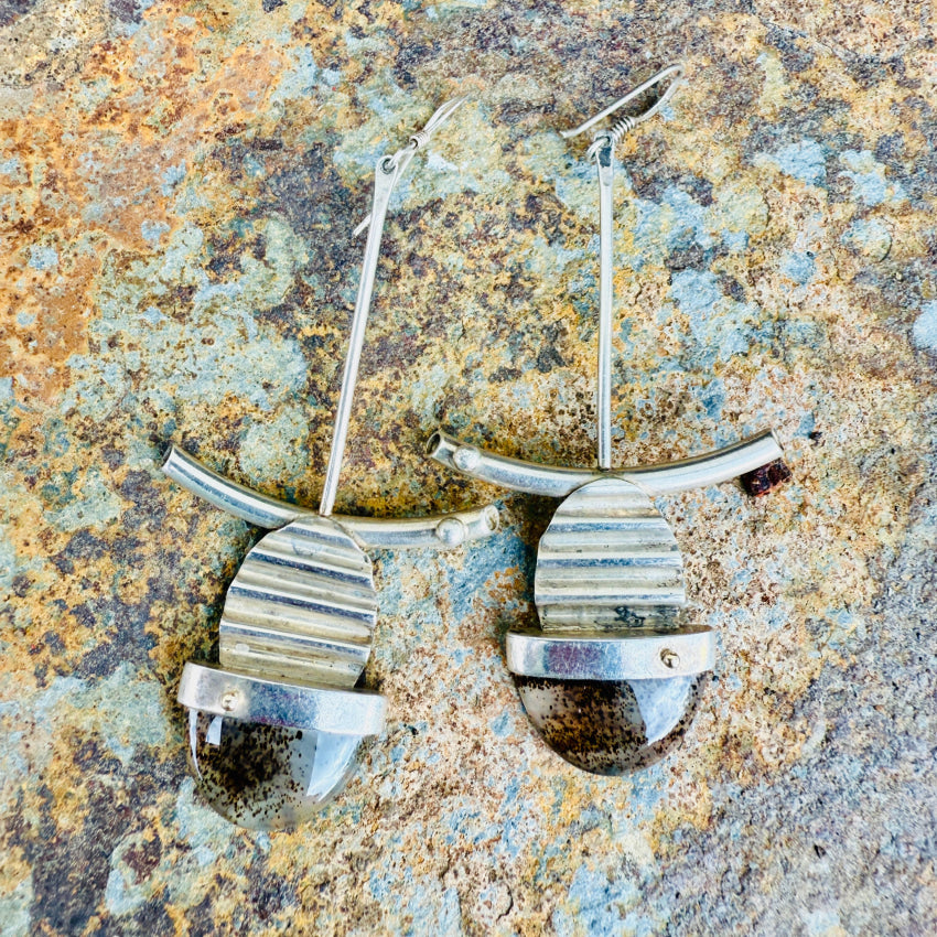 Mid-Century Modern Sterling Silver & Dendritic Agate Pierced Earrings earrings