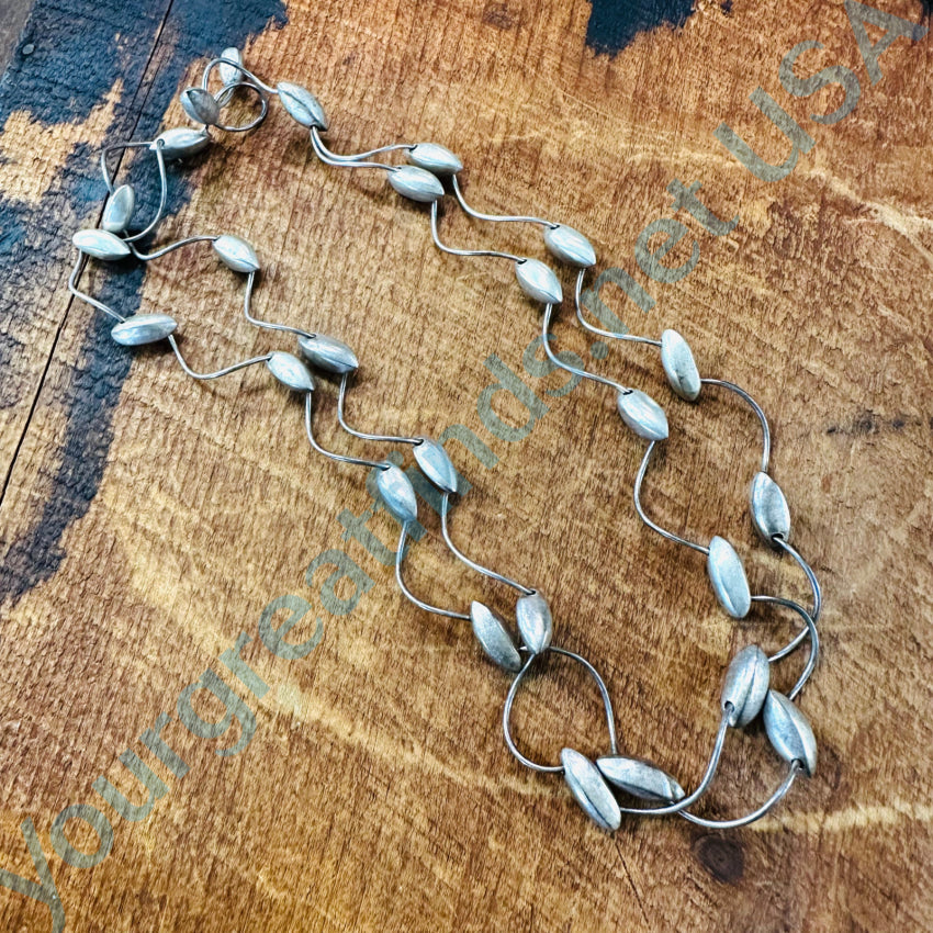 Mid-Century Sterling Silver Wire & Football Bead Double Strand Necklace