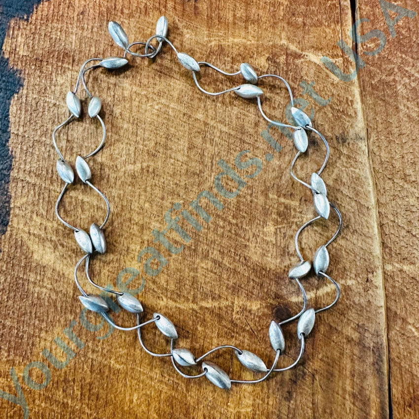 Mid-Century Sterling Silver Wire & Football Bead Double Strand Necklace