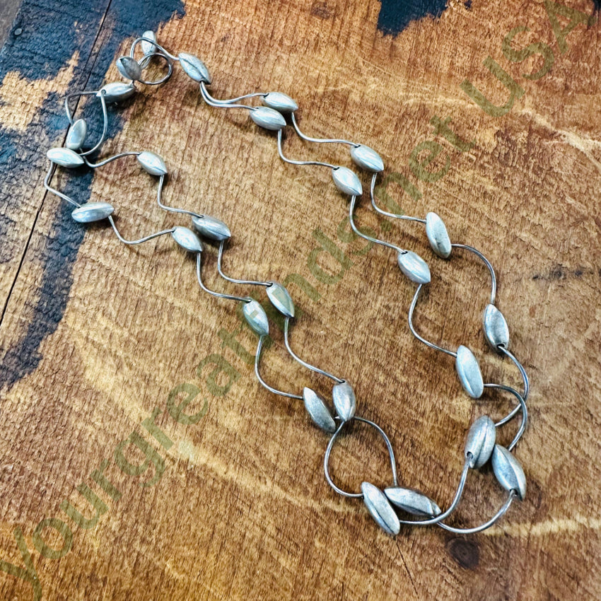 Mid-Century Sterling Silver Wire & Football Bead Double Strand Necklace