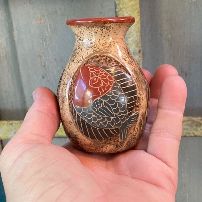 Miniature Costa Rica Red Pottery Vase with Hand Painted Fish Design Yourgreatfinds