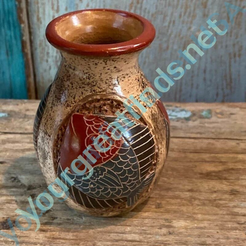Miniature Costa Rica Red Pottery Vase with Hand Painted Fish Design Yourgreatfinds