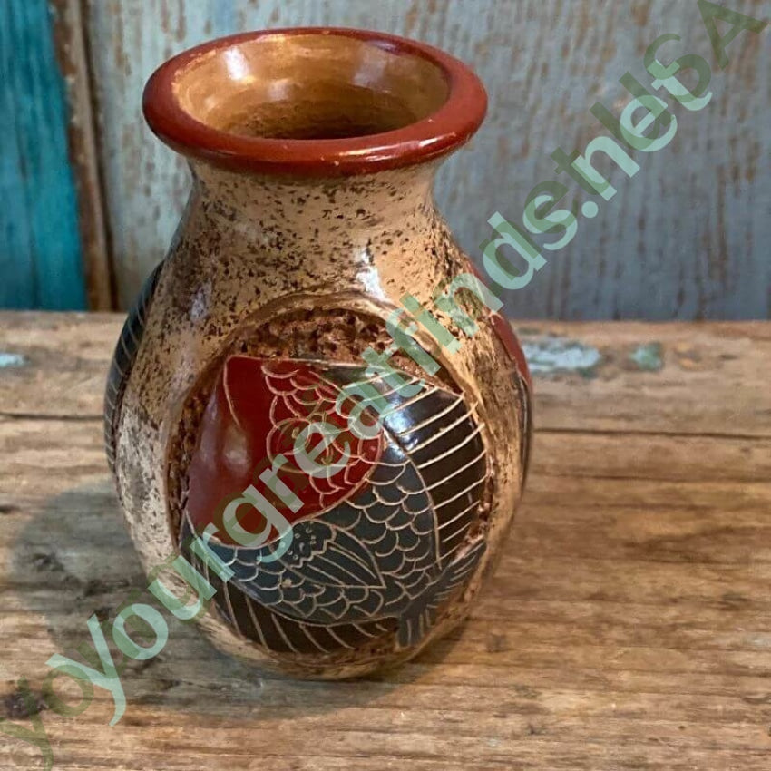 Miniature Costa Rica Red Pottery Vase with Hand Painted Fish Design Yourgreatfinds