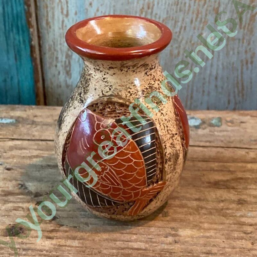 Miniature Costa Rica Red Pottery Vase with Hand Painted Fish Design Yourgreatfinds