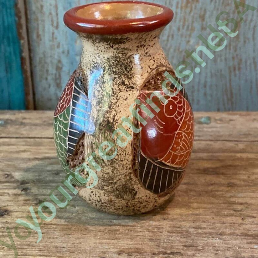 Miniature Costa Rica Red Pottery Vase with Hand Painted Fish Design Yourgreatfinds