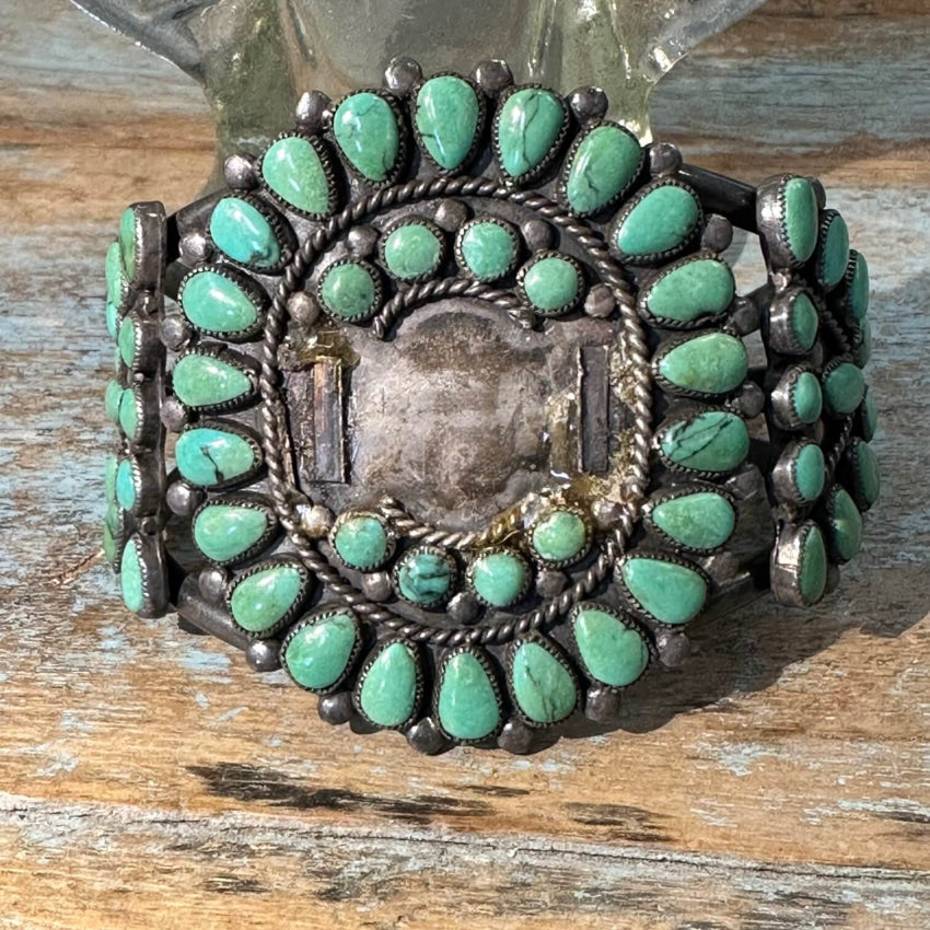 Mint Green Turquoise Rosette Watch Band Sterling Zuni Vintage
